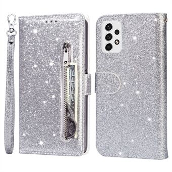 For Samsung Galaxy A53 5G Glitter Paljetter PU-skinn + TPU Full Protection Stand Lommebokveske med glidelåslomme og håndstropp