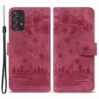 For Samsung Galaxy A53 5G fallsikkert lommebokveske Cherry Blossom Cat-påtrykt PU-skinnstativ Scratch Stand med stropp