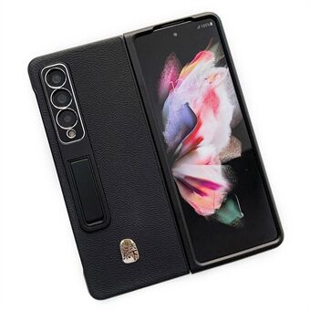 For Samsung Galaxy Z Fold4 5G Litchi Texture telefonveske Kickstand ekte skinnbelagt PC-deksel