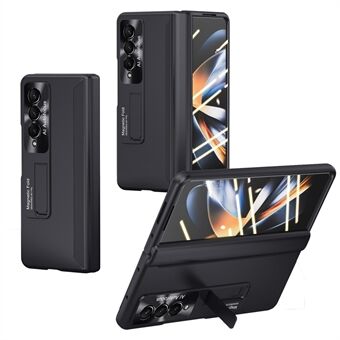 For Samsung Galaxy Z Fold4 5G gummiert PC-deksel Sidehengslet Kickstand Sammenleggbart telefondeksel med skjermbeskytter i herdet glass