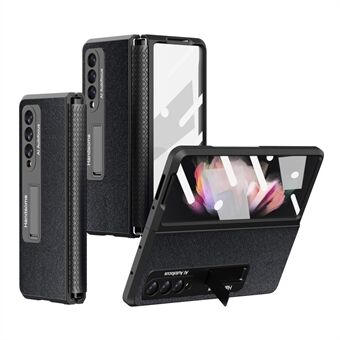 For Samsung Galaxy Z Fold4 5G fallsikkert telefondeksel Kickstand uttrekkbar hengselbeskyttelse PU-skinn + hardt PC-telefondeksel med skjermbeskyttelsesfilm