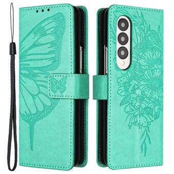 YB Imprinting Series-4 for Samsung Galaxy Z Fold4 5G PU-lommebokveske Magnetlukking Butterfly Flower Preget Flip Stand Telefondeksel med stropp