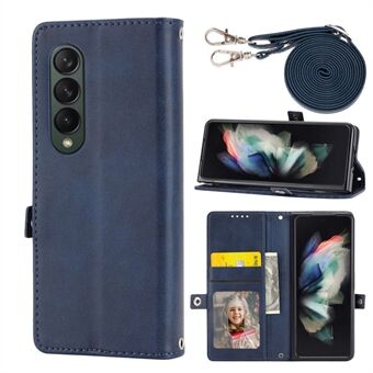 For Samsung Galaxy Z Fold4 5G påtrykt Rhombus kalvtekstur telefonveske PU- Stand lommebokdeksel med skulderstropp