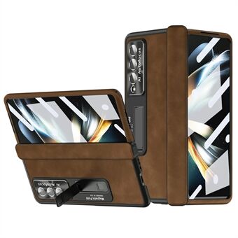 For Samsung Galaxy Z Fold4 5G Magnetisk hengsel Kickstand Telefonveske Nappa Texture PU-skinnbelagt PC Anti-Drop-deksel med herdet glass skjermfilm