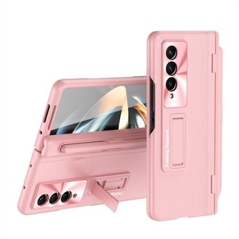 For Samsung Galaxy Z Fold4 5G Kickstand telefonveske PU-skinnbelagt PC-hengseldeksel med pekepenn og herdet glassfilm