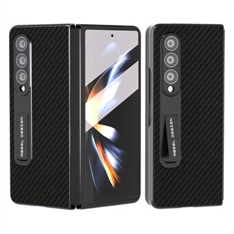 ABEEL For Samsung Galaxy Z Fold4 5G karbonfibertekstur Støtsikker veske PU-skinn+PC-støttetelefondeksel med herdet glassfilm