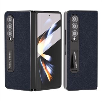 ABEEL For Samsung Galaxy Z Fold4 5G Kickstand Kuskinn Belagt PC-telefondeksel Cross Texture Anti-skli-veske med herdet glassfilm