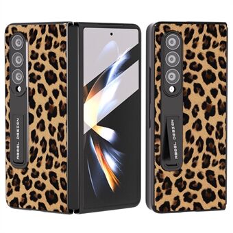 ABEEL For Samsung Galaxy Z Fold4 5G Leopard-mønster telefonveske Kickstand PU-skinn PC-deksel med herdet glassfilm