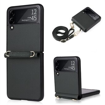For Samsung Galaxy Z Flip4 5G karbonfibertekstur i ett stykke telefonveske PU-skinn + sammenleggbart beskyttelsesdeksel med lang snor