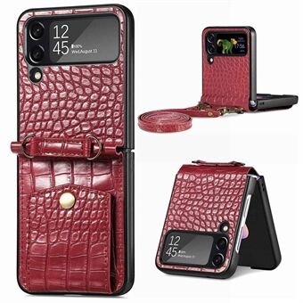 For Samsung Galaxy Z Flip4 5G Crocodile Texture Lærbelagt PC-veske Kortspor Lommebok Kickstand Telefondeksel med skulderstropp