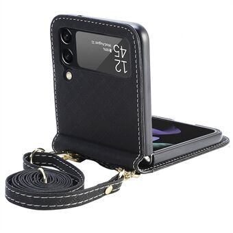 Anti-fall telefondeksel for Samsung Galaxy Z Flip4 5G, designgitter påtrykt telefondeksel i ett stykke med lang snorkortholder