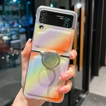 For Samsung Galaxy Z Flip4 5G Rainbow Gradient Color Glitrende sammenleggbar telefonveske PU-skinnbelagt PC-deksel med Ring