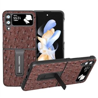 ABEEL For Samsung Galaxy Z Flip4 5G ekte kuskinn+PC-kickstand-veske Ostrich Texture telefondeksel
