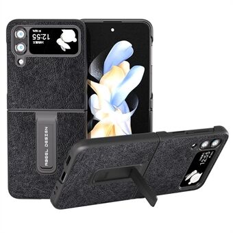 ABEEL For Samsung Galaxy Z Flip4 5G Kickstand Beskyttelsesveske PU-skinn+PC Retro Litchi Texture telefondeksel