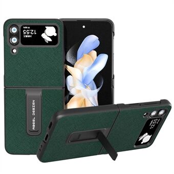 ABEEL Kickstand-deksel til Samsung Galaxy Z Flip4 5G, Cross Texture Cowhide Leather Coated PC-telefondeksel