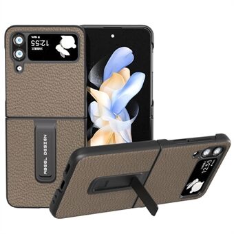 ABEEL For Samsung Galaxy Z Flip4 5G Litchi Texture Kickstand Telefonveske Kuskinn skinnbelagt PC-deksel