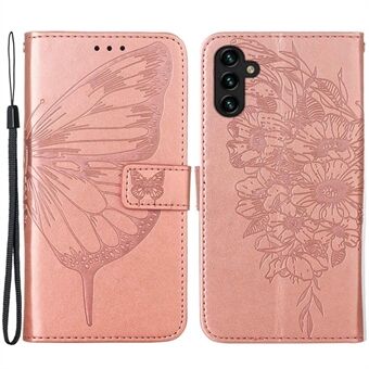 YB Imprinting Series-4 for Samsung Galaxy A14 5G PU Leather Full Protection Telefonveske Butterfly Flower Imprinted Flip Stand Lommebokdeksel med stropp