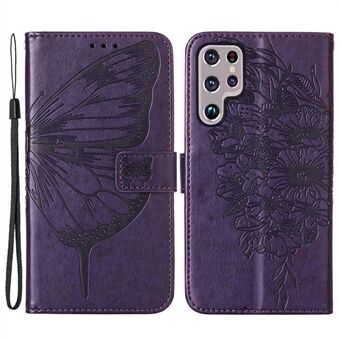 YB Imprinting Series-4 for Samsung Galaxy S23 Ultra PU Leather Full Protection Telefonveske Butterfly Flower Imprinted Flip Stand Lommebokdeksel med stropp
