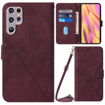 YB Imprinting Series-2 For Samsung Galaxy S23 Ultra Business PU Leather Imprinted Lines Lommebokdeksel Stand med skulderstropp