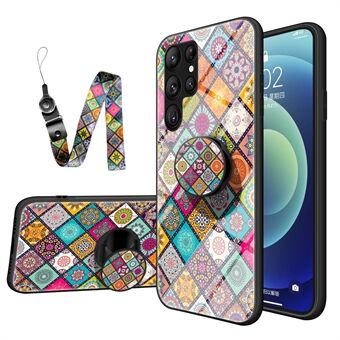 For Samsung Galaxy S23 Ultra Phone Cover Kickstand med snorblomstmønster herdet glass + PC + TPU beskyttende mobiltelefonveske
