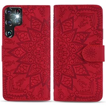 For Samsung Galaxy S23 Ultra Imprint Flower Phone Cover Lommebok Design Stand Shell Calf Texture Lærveske