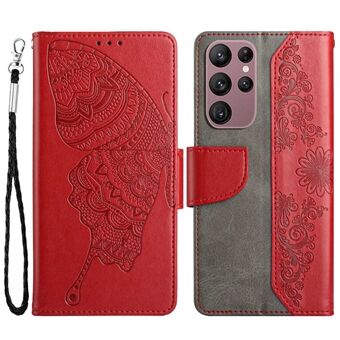 PU-lærtelefonveske for Samsung Galaxy S23 Ultra, Butterfly Flower-påtrykt håndfri Stand lommebokdeksel
