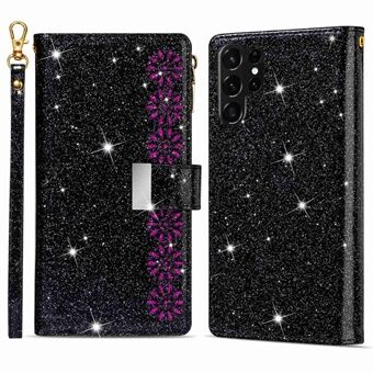 Beskyttende telefondeksel Glidelås lommebok for Samsung Galaxy S23 Ultra Laser Carving Starry Stjernestil Lær Telefonveske Stand med stropp