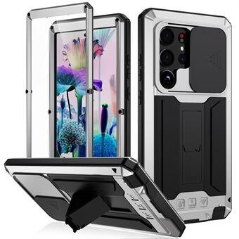R-JUST For Samsung Galaxy S23 Ultra Slide Kameralokk PC+Silicon+Metal Phone Anti-drop-deksel Skjult støttebakside med skjermbeskytter i herdet glass