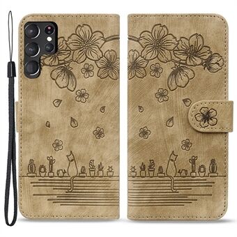 For Samsung Galaxy S23 Ultra Imprinted Cat PU Leather Wallet Case Folding Stand Telefondeksel med stropp