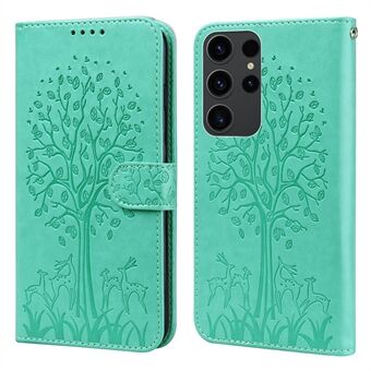 For Samsung Galaxy S23 Ultra Phone Deksel PU Skinn Deer Tree Pattern Stand Flip Wallet Cover