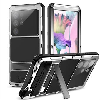 R-JUST For Samsung Galaxy S23 Ultra Kickstand Telefonveske PC+Silicon+Metal Vanntett støvtett deksel med skjermbeskytter