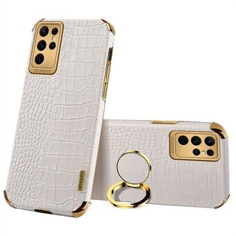 Crocodile Texture Phone Case for Samsung Galaxy S23 Ultra, Ring Kickstand PU Lærbelagt TPU 6D galvanisert deksel
