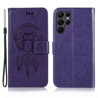 For Samsung Galaxy S23 Ultra PU Lær Flip Case Owl Dream Catcher Mønster påtrykt Stand Telefondeksel