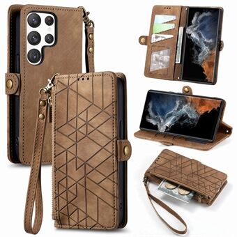 Telefonveske med glidelåslomme for Samsung Galaxy S23 Ultra PU Leather Geometry Preget Stand