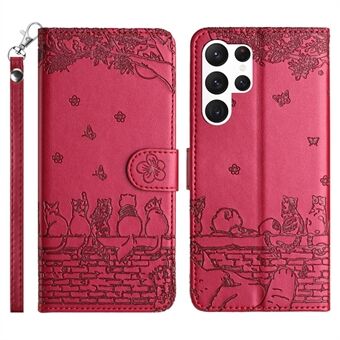 Wall Cats Imprinted Phone Case for Samsung Galaxy S23 Ultra, PU lær Stand lommebokdeksel med stropp