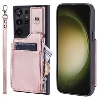 009 For Samsung Galaxy S23 Ultra Zipper Pocket Case Kickstand PU-skinnbelagt TPU RFID-blokkerende lommeboktelefondeksel med håndleddsstropp