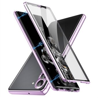 Anti-fall klart telefondeksel for Samsung Galaxy S23, ensidig herdet glass + PC-panel Magnetisk adsorpsjon metallramme Beskyttende telefondeksel med sikkerhetsspenne