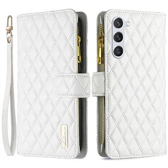 BINFEN COLOR BF Style-15 lommebokveske med glidelås til Samsung Galaxy S23, påtrykt Rhombus PU- Stand Magnetisk telefondeksel med stropp