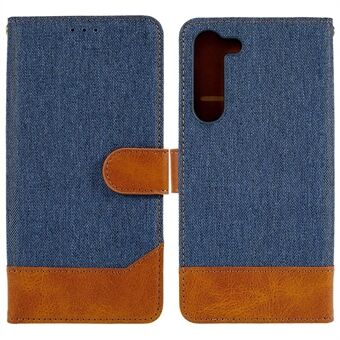 For Samsung Galaxy S23 Calf Texture Splicing Jeans Cloth PU Lærveske Magnetisk lås Telefondeksel med Stand lommebok
