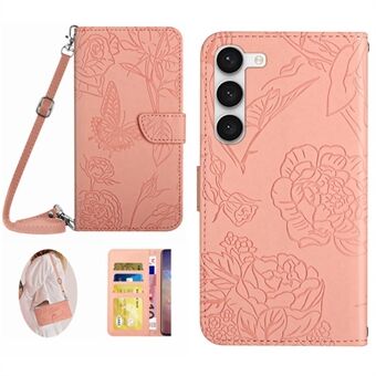 For Samsung Galaxy S23 HT03 påtrykte sommerfuglblomster Lommebok Flip-deksel PU-skinn Skin-touch Stand Magnetisk folio beskyttende telefonveske med skulderstropp