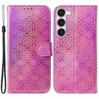 For Samsung Galaxy S23 blendende blomstermønster telefondeksel Anti Scratch PU-skinn Magnetisk Stand Telefonskall med stropp