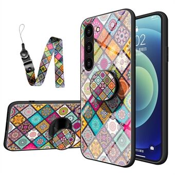 For Samsung Galaxy S23+ Anti- Scratch telefondeksel Kickstand Blomstermønster herdet glass + PC + TPU fallsikkert telefondeksel med snor