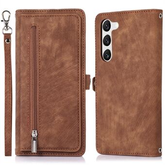 For Samsung Galaxy S23+ Glidelåslomme lommebok Magnetisk låsveske 9 kortspor Stand PU-skinn telefondeksel med håndleddsstropp