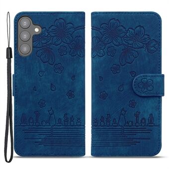 For Samsung Galaxy S23+ påtrykt Flower Cat Phone Protective Shell PU Lær lommebokveske med stropp
