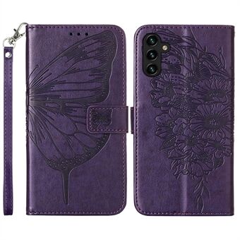 YB Imprinting Series-4 For Samsung Galaxy A54 5G PU- Stand Telefondeksel Butterfly Flower Imprinted Full Protection Lommebokveske med håndstropp