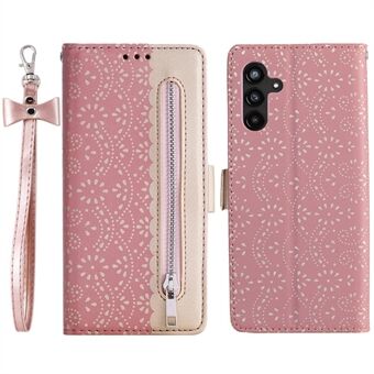 For Samsung Galaxy A54 5G lommeboktelefonveske med glidelås Blondeblomstmønster PU- Stand med buehåndleddsstropp