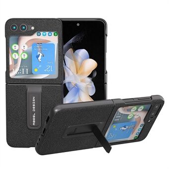 ABEEL For Samsung Galaxy Z Flip5 5G Litchi Texture Bakdeksel Kickstand Ekte kuskinn+PC-telefonveske