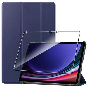 For Samsung Galaxy Tab S9 Tri-fold stativ PU skinn nettbrett-etui med 2.5D herdet glass skjermbeskytter