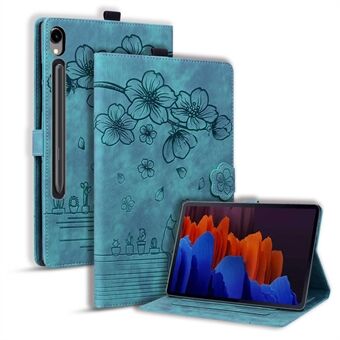 For Samsung Galaxy Tab S9-kortholder, lær, slagbestandig deksel med blomsterkatt-avtrykk, nettbrettstativdeksel.