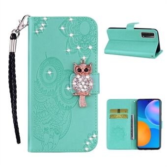 Owl Imprint Rhinestone Decor Leather Phone Case til Huawei P Smart 2021 / Huawei Y7a